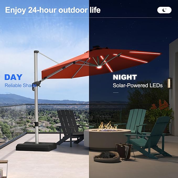 PURPLE LEAF 11ft Patio Umbrella with Lights Outdoor Round Cantilever Solar Powered LED Umbrella with 360-degree Rotation for Garden Deck Pool Patio, Brick Red