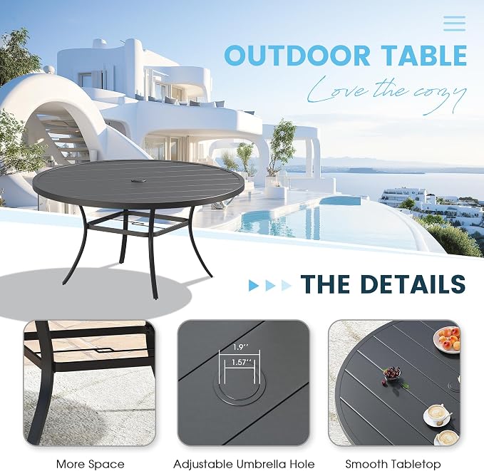 9 Pieces Outdoor Patio Dining Table Set, 63" All Weather Round Metal Table with Umbrella Hole and 8 High Back Textilene Swivel Chairs for Garden, Lawn, Poolside, Black Table & Blue Chairs