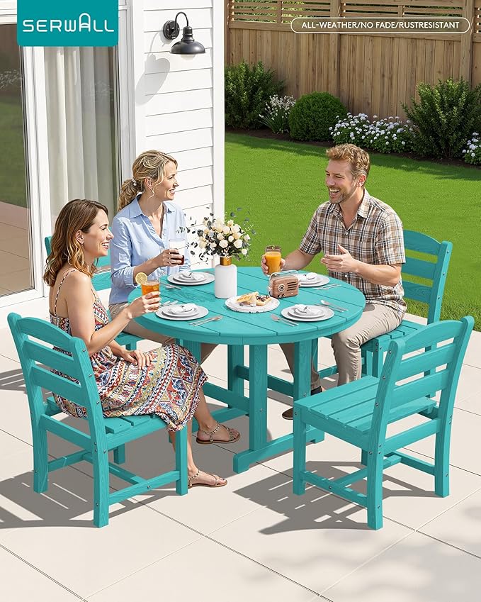 SERWALL 5-Piece Patio Dining Sets, HDPE Outdoor Table and Chairs Furniture Set, 45" Round Dining Table and 4 Armless Dining Chairs, Aruba