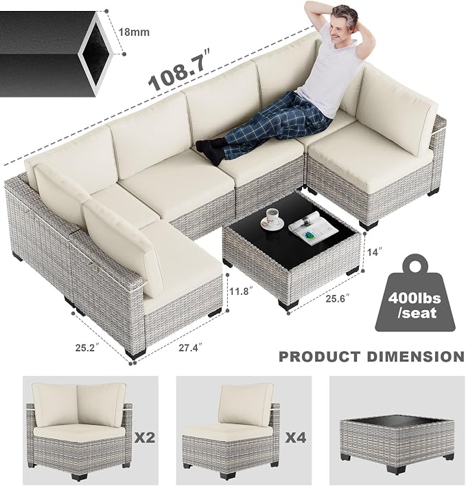 7-Piece Patio Furniture Set, Outdoor Sectional with Thick Cushions, Modular Patio Sofa, Dual-Strand Wicker Rattan, Rust-Resistant Frame, Backyard Furniture for Garden, Deck, Ivory