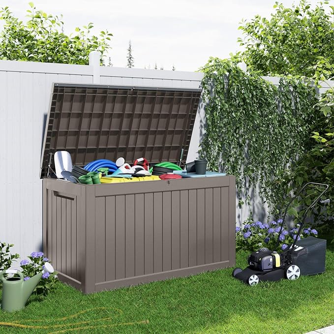 PatioZen 280 Gallon Resin Deck Box, Lockable Outdoor Storage Box for Patio Cushions Storage Furniture,Garden Tools, Pool Supplies, Weatherproof and UV Resistant (Grey)