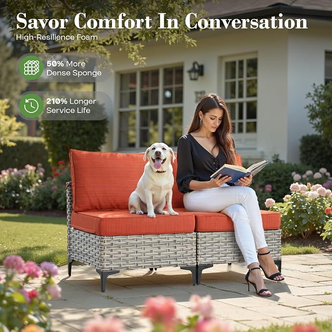9 Pcs Patio Furniture with Fire Pit Table, Outdoor Rattan Wicker Conversation Set with Glowing Coffee Table, Comfy Sectional Sofa for Porch Balcony Backyard Pool, Orange