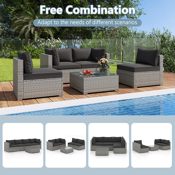 RELAX4LIFE 5-Piece Patio Furniture Set - Wicker Rattan Outdoor Sectional Sofa w/Glass-Top Coffee Table, Soft Seat & Back Cushions, Bistro Conversation Set for Garden Backyard Porch (1, Black)