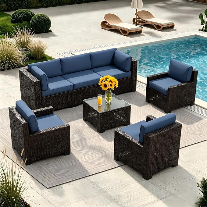7 Piece Patio Furniture Set, Wicker Patio Conversation Sets, Outdoor Sectional Furniture with Tempered Glass Table, for Backyard, Deck, Garden, Dark Brown Rattan & Navy Blue Cushions