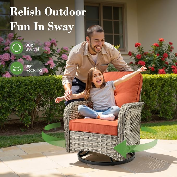 10 Piece Outdoor Patio Furniture with Swivel Rocking Chair, Rattan Wicker Conversation Set with Glowing Coffee Table, Sectional Single Chairs for Porch Balcony Backyard Pool,Orange