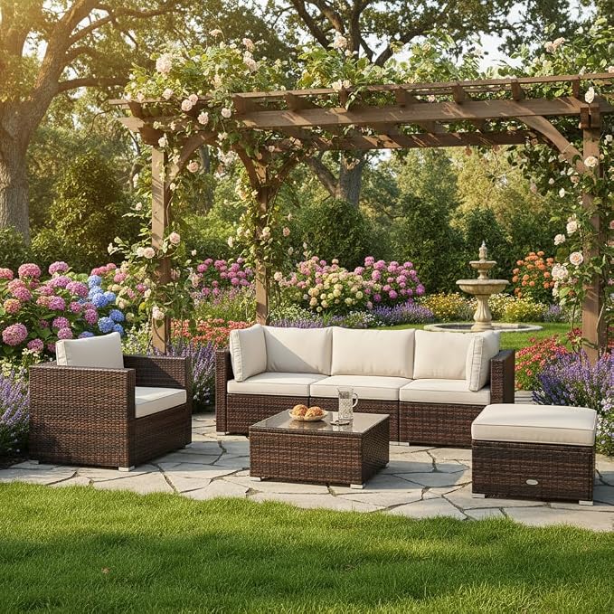 Tangkula 6 Pieces Wicker Patio Furniture Set, PE Rattan Outdoor Sectional Conversation Set with Glass Coffee Table & Ottoman, Wicker Sofa Set with Cushions for Yard Garden, Deck, Porch (White)