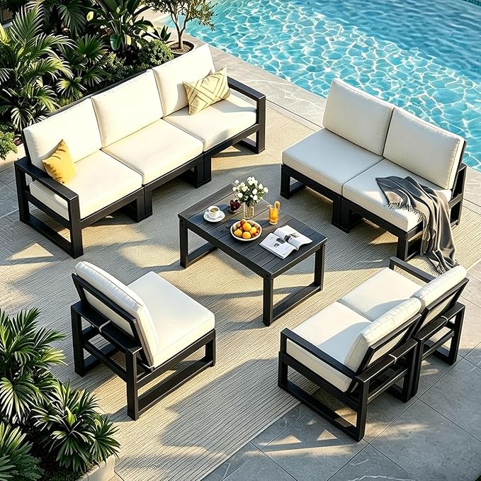 9-Piece Patio Furniture Set,HDPE Outdoor Furniture with Coffee Table,Outdoor Couch Sets with Cushions,Patio Sectional Sofas for Porch,Backyard,Deck,Black