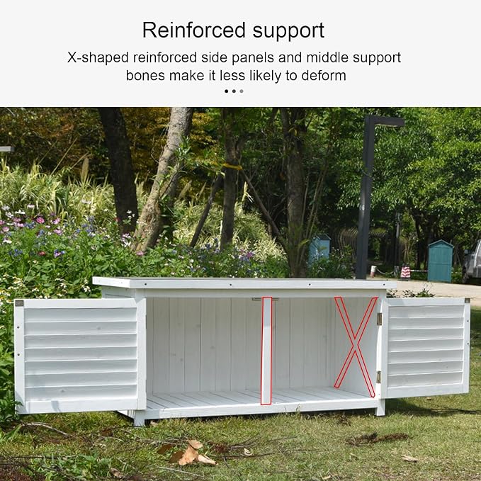 Double Door Outdoor Deck Boxes, Solid Wood+Metal Patio Storage Box, Garden Box with Plastic Foot for Balcony, Patio