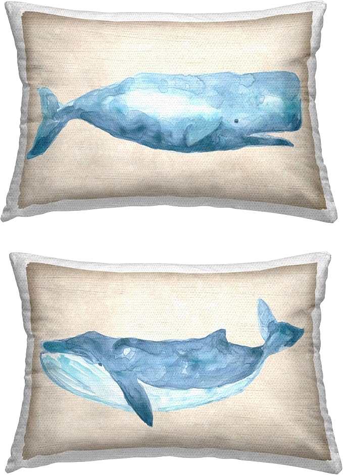 Stupell Industries | Blue & Beige Whales, 14 x 20 Each | 2pc Outdoor Pillow Set, Made in USA - By June Erica Vess