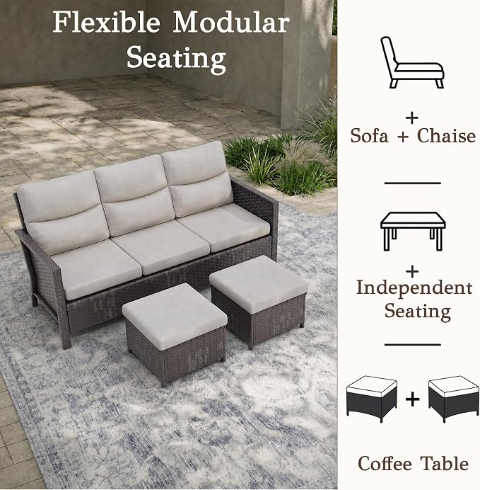 Brafab 7-Seat Piece Wicker Patio Furniture Set with 44" Propane Fire Pit Table, Outdoor Swivel Recliner Chairs with Adjustable Backrest & Footrest for Patio Conversation and Backyard Gathering, Beige