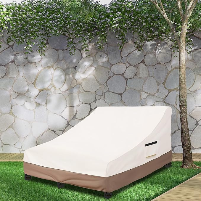 Okcool 100% Waterproof Patio Double Wide Chaise Lounge Chair Cover, 600D Tough Canvas 80 Inch Outdoor Chaise Lounge Covers,Beige & Brown