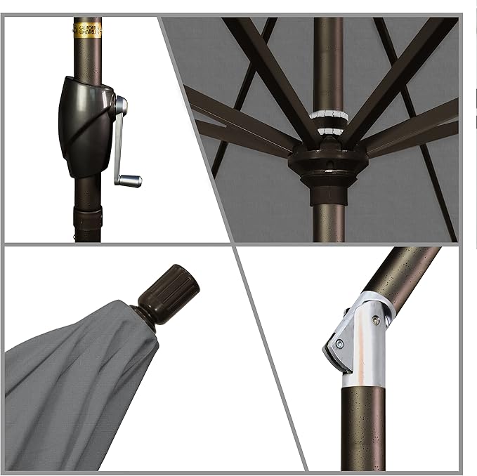 California Umbrella 9' Round Aluminum Market Umbrella, Crank Lift, Push Button Tilt, Bronze Pole