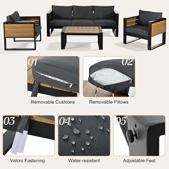 4-Piece Outdoor Patio Furniture Set,Conversation set for 5 Person, 3-Seater Sofa, 2 Armchairs with Fold-Out Side Tables, Aluminum Frame & Plastic-Wood , Modern Garden/Patio Seating, Grey Cushions