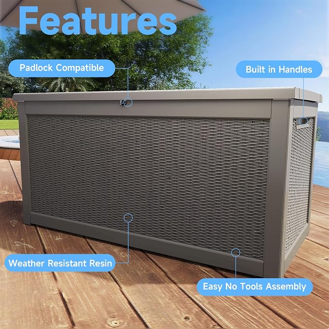 310 Gallon Lockable Outdoor Storage Box – Waterproof Resin Deck Box for Patio Furniture, Garden Tools, Pool Accessories (Gray)