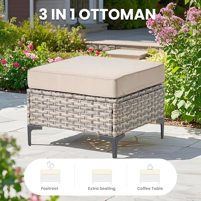 5 Pcs Patio Outdoor Furniture Set - All Weather Wicker Outdoor Sectional Sofa Couch with Coffee Table and Ottoman,Patio Modular Rattan Conversation Set for Garden Deck Yard,Beige