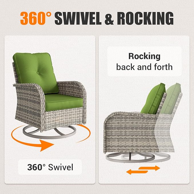 13-Piece Outdoor Patio Furniture Set with Rocking Swivel Chair, Wicker Rattan Sectional Sofa Conversation Set with 55,000 BTU Fire Pit Table with Ottomans, Backyard Furniture, Avocado Green