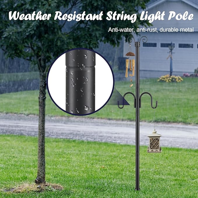 10FT String Light Poles, 1.5 Inch Heavy Duty Poles for Outdoor String Lights with Shepherd Hook, 2 in 1 Light Pole with Anchor for Garden Backyard Patio Bistro Cafe