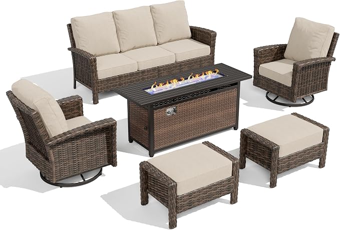 HERA’S HOUSE Wicker Patio Furniture Set, High Back Swivel Chairs with 5.5-Inch Thick Cushions, 6-Piece Outdoor Deep Seating Conversation Sets with Fire Pit Table & Ottomans for Deck Yard Garden, Beige