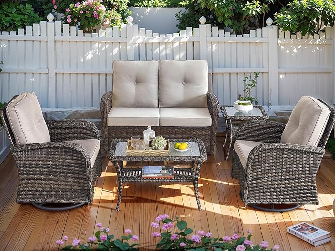 HUMMUH 5-Piece Patio Furniture PE Wicker Outdoor Conversation Set,All-Weather Rattan Swivel Chairs Outdoor Glider Couch for Backyard,Poolside,Deck