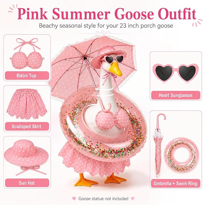 Summer Porch Goose Outfits 23 Inch, Pink Polka Dot Porch Goose Bikini Set with Parasol Umbrella, Swim Ring, Sun Hat and Heart Sunglasses, Porch Goose Accessories for Yard Garden Patio Decor