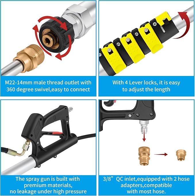 24 FT Telescoping Pressure Washer Wand Extension with Brush Head | Aluminum Power Washer Extension Wand, 7 Nozzle Tips, 3 Adapters & Support Harness, Gutter Cleaning Tools for 2 Story House
