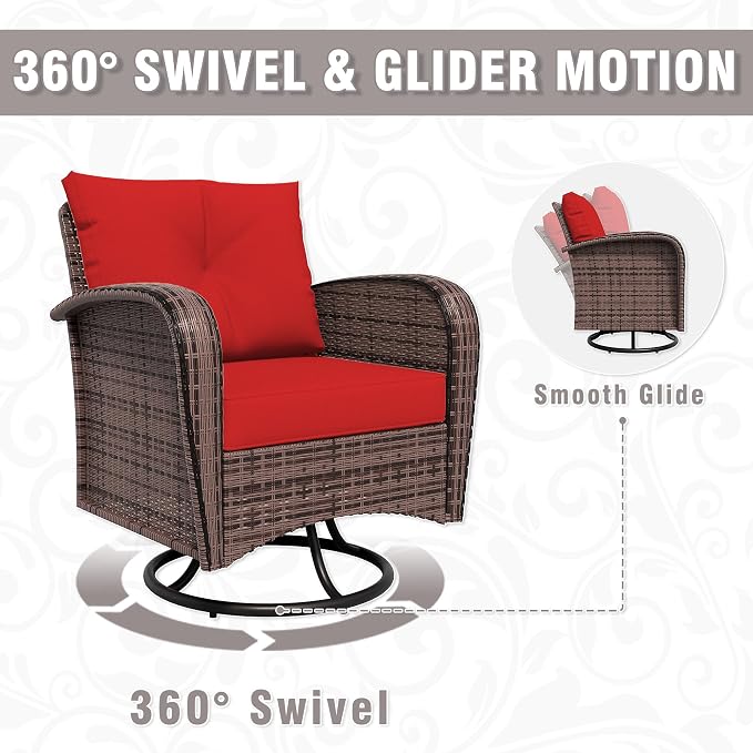 4 Piece Patio Conversation Set - 2 Swivel Chairs 1 Coffee Table 3-Seater Sofa, PE Wicker & Steel Patio Furniture with Heavy-Duty Steel Frame,Weatherproof Cushions, Red
