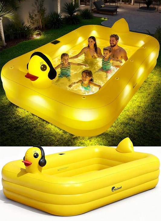 FizZeal Inflatable Pool with Lights,Solar Duck Inflatable Swimming Pool for Kid,Blow Up Pool for Adults,Large Inflatable Kiddie Pool,Durable Thickened Family Inflatable Kid Pool for Backyard 99*62*21