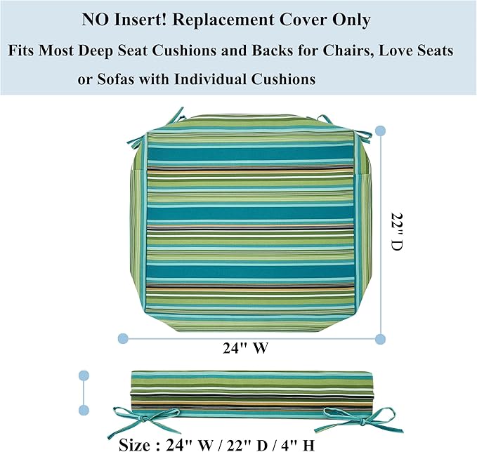 FUNHOME 2 Pack Outdoor Cushion Slipcovers 24" x 22" x 4", No Insert! Water-Resistant Patio Chair Seat Cushion Covers with Zipper and Tie, Replacement Cover Only(Green Stripe)