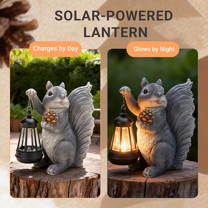 Solar Squirrel Garden Statue Outdoor Decor, Squirrel Sculpture with Lantern for Yard Lawn Patio Balcony, Birthday Housewarming Gifts for Mom, Grandma, Women, Resin, Grey