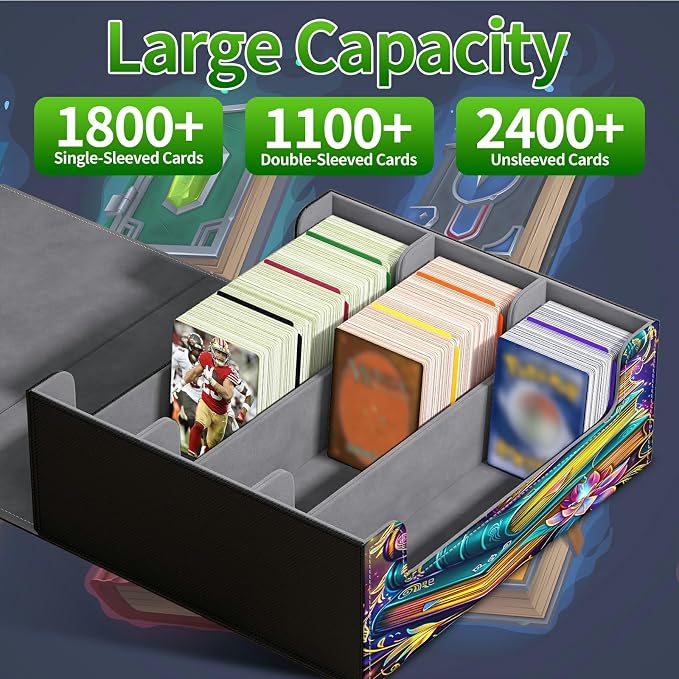 Card Deck Box for MTG, Cards Storage Box Fits 120+ Sleeved, Leather Big Size Strong Magnetic Closing Case for Board Games Magic TCG CCG Baseball Collection Women Man, Book Lotus Flower