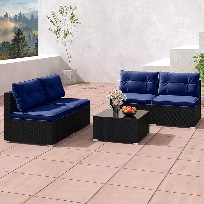 RELAX4LIFE 5-Piece Outdoor Patio Furniture Set, Rattan Sectional Sofa Set w/Glass-Top Coffee Table, Soft Seat & Back Cushions, Bistro Set for Garden Backyard Porch, Wicker Conversation Set (Navy)