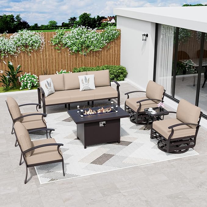 ALAULM Aluminum Patio Furniture Set with Propane Fire Pit Table Metal Outdoor Furniture w/Fire Pit Patio Conversation Sets w/5.1" Cushions and 7 Seats for Patio,Backyard,Poolside-Khaki