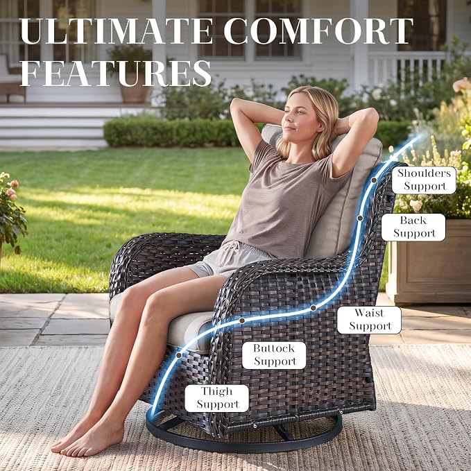 Rilyson Wicker Rocking Chair Swivel Chairs - 3 Piece Rocker Patio Furniture Set Rattan Rocking Bistro Sets with Glass Top Side Table for Outdoor Porch Deck Garden Backyard (Brown/Beige)