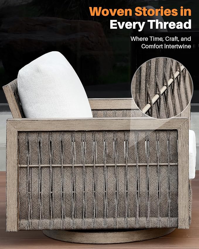 4 Pieces Outdoor Furniture Set, Never-Rust Aluminum Swivel Patio Conversation Set with Thick Cushions, Rope Weave Outdoor Sofa Set, Deep Seating Sofa Set for Garden, Pool, Porch, Gray Oak