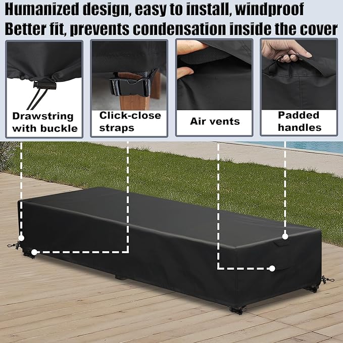Patio Lounge Chair Covers 4 Pack Waterproof Outdoor chaise lounge cover 80" x 28" x 14" H 600D Weather Resistant Material, UV Protection, Windproof Design Outside Furniture Covers,Black