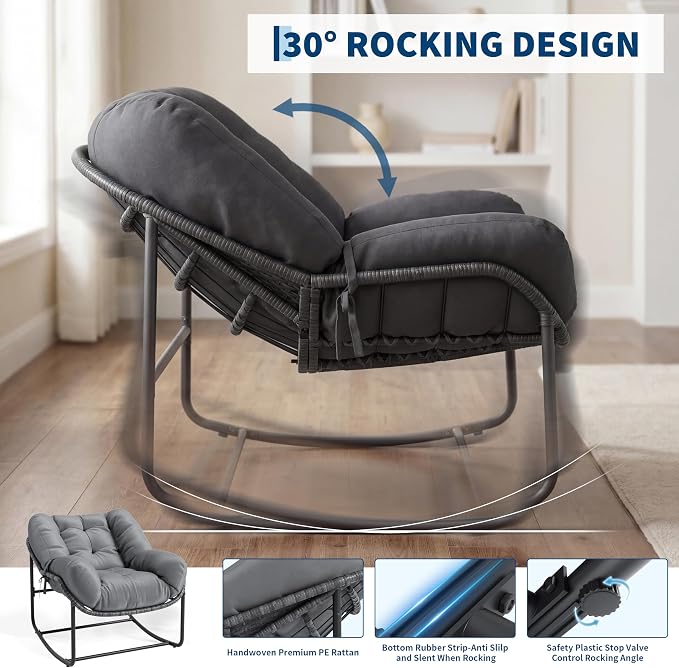 GarveeLife Outdoor Lounge Rocking Chair, Iron Frame Patio Rocker Chair with Cushion, Gray Relaxing Outdoor Chair for Patio and Backyard