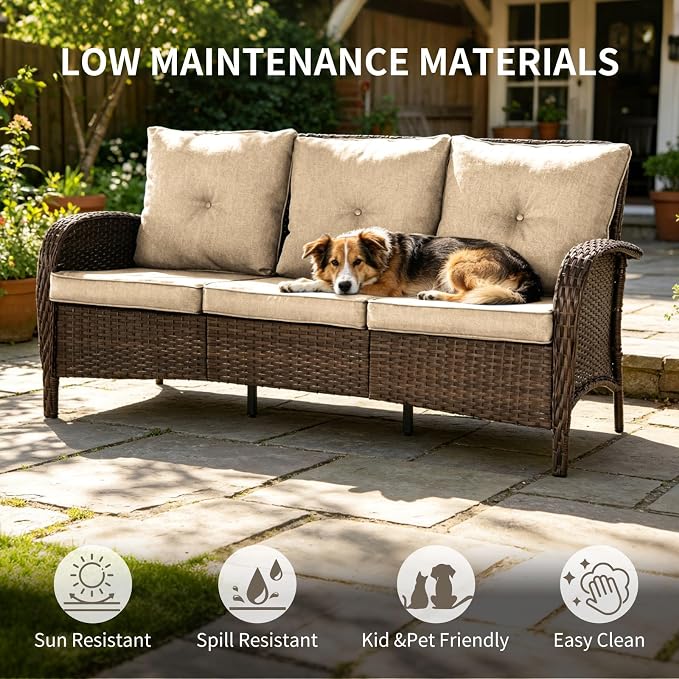 SHGJ&SOFT All Weather Patio Furniture Set, High Back Swivel Rocker Glider Chairs，Ottomans & Glass Tables, Outdoor Conversation Set for Deck Porch Yard Poolside (Brown, 5PCS-Sofa&Swivel Chairs&Tables)