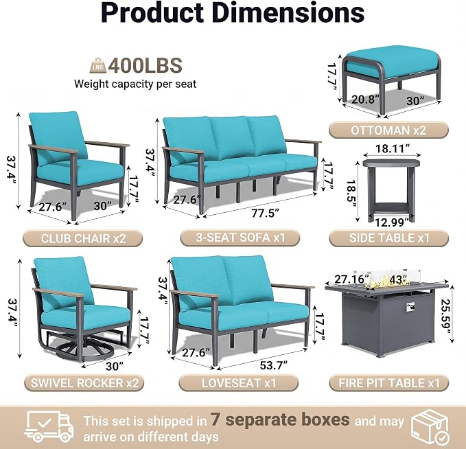Aluminum Outdoor Patio Furniture Set, 10-Piece Sectional Sofa with 5.1" Thick Cushions, Swivel Rocking Chairs, 55,000 BTU Fire Pit Table, Outdoor Couch for Backyard, Deck, Blue