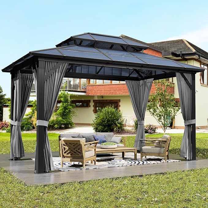 GAOMON 10'x12' Hardtop Gazebo with Polycarbonate Double Roof, Durable Aluminum Frame, Weatherproof & UV Protection for Garden, Patio, Lawn