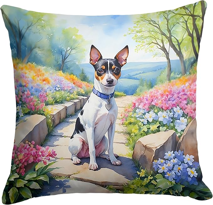 Caroline's Treasures Rat Terrier Spring Path Throw Pillow Machine Washable, Indoor Outdoor Decorative Pillow for Couch, Bed or Patio, 18Hx18W