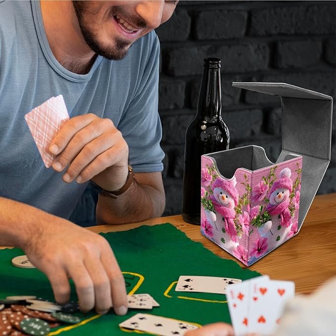 Pink Flower Snowman Card Deck Box for MTG, Personalized Card Storage Case Fits 120+ Sleeved Cards, Premium Leather TCG Box with Strong Magnetic Closure for Magic, CCG, PTCG, Baseball Cards
