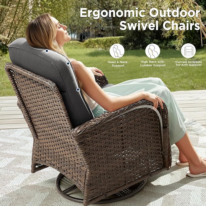 5 Pieces Luxury Patio Furniture Sets with 6-Inch Thick Cushions, High Back Swivel Outdoor Rocking Chairs Set of 2 with Multifunctional Ottoman, Wicker Conversation Set for Porch Garden, Gray