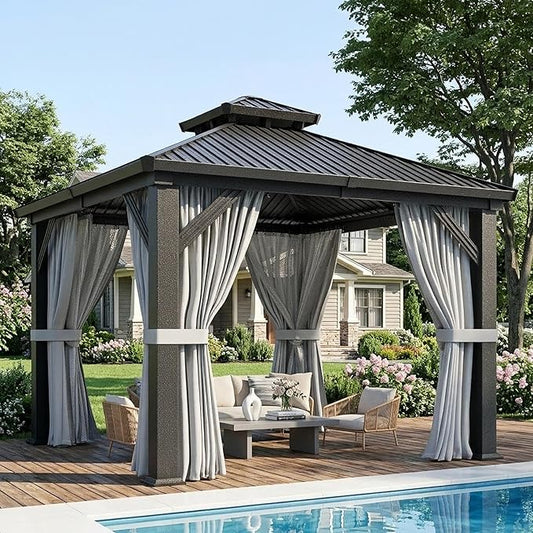 AirWire 10'x10' Outdoor Gazebo Hardtop Grill Gazebo Aluminum Galvanized Steel Double Roof Outdoor Pergola Include Curtain and Netting for Backyard, Patio, Lawn