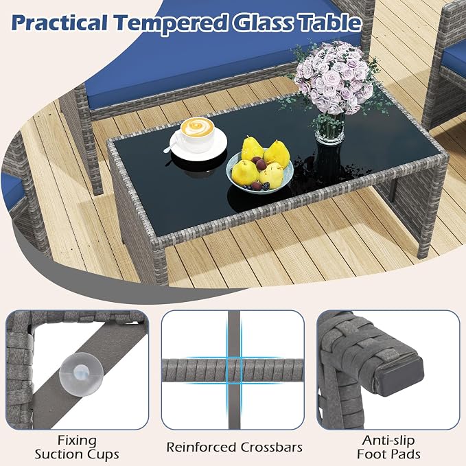 RELAX4LIFE 4-Piece Patio Furniture Set - Wicker Rattan Outdoor Sectional Sofa Set w/Glass Coffee Table, Loveseat, 2 Single Chairs & Soft Cushions, Bistro Conversation for Garden Porch (1, Navy)