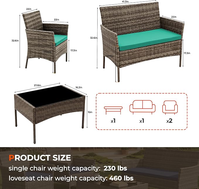 4 Pieces Outdoor Patio Furniture Set, Wicker Patio Conversation Set with Tea Table, All-Weather Outside Rattan Sectional Sofa for Backyard, Poolside, Garden, Balcony, Brown/Green