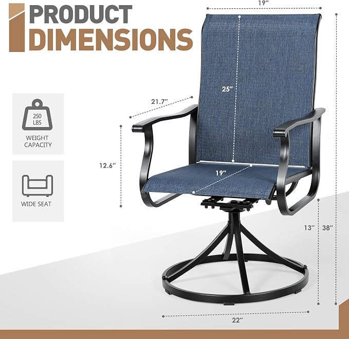 Crownland Outdoor Swivel Dining Chair Set of 4, All Weather 360° Swivel Rocking High Back Model Patio Dining Chairs, Textilene Fabric Wrought Iron Dining Chair Set for Backyard, Lawn, Garden(Blue)