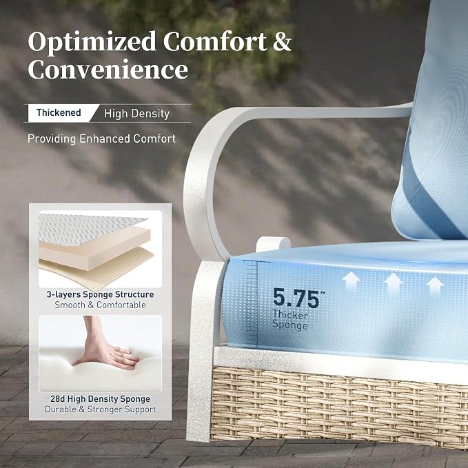 SUNSHINE VALLEY 6 Piece Metal Outdoor Patio Furniture Set, Patio Conversation Set 3-Seater Sofa, 2 Fixed Sofa, 2 Rocking Chair with 5.75" Thick Cushion and Coffee Table White Backyard Furniture, Blue