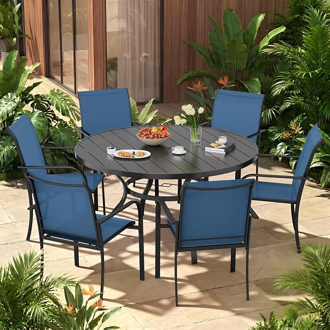 7-Piece Patio Dining Set,6 Person Outdoor Table and Chairs Set, 6 Metal Dining Chairs and Round Outdoor Table with 1.57" Umbrella Hole,Blue