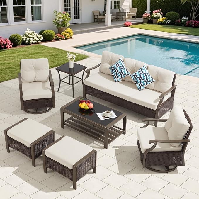 7 Pieces Outdoor Patio Furniture Set, Conversation Sets with Swivel Chair, Coffee/Side Table & Ottoman, Wicker Rattan Outdoor Sectional Sofa Set for Backyard, Deck, Porch, Poolside, Beige