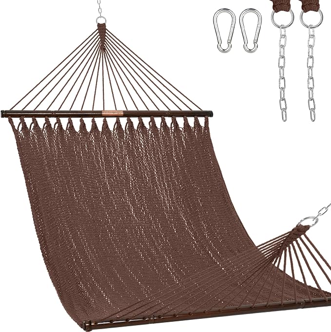 Lazy Daze Hammocks 10.5 FT Double 2 Person Caribbean Rope Hammock, Hand Woven Polyester Hammock with Spreader Bars for Outdoor Backyard Patio Poolside, 450 LBS Capacity, Brown